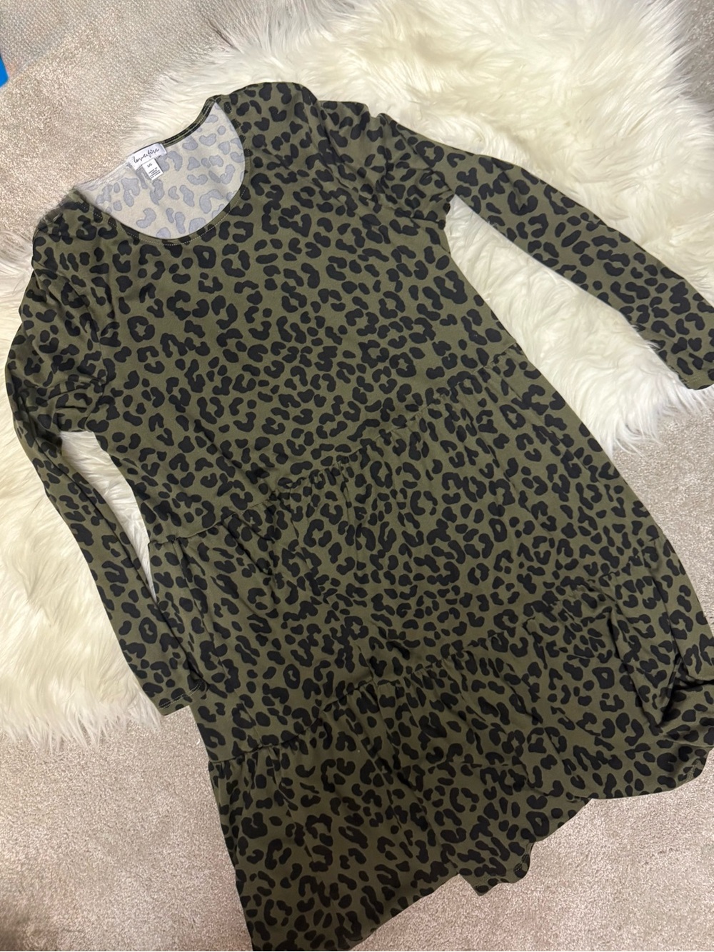 Olive Green Leopard Print Tiered Long Sleeve Dress